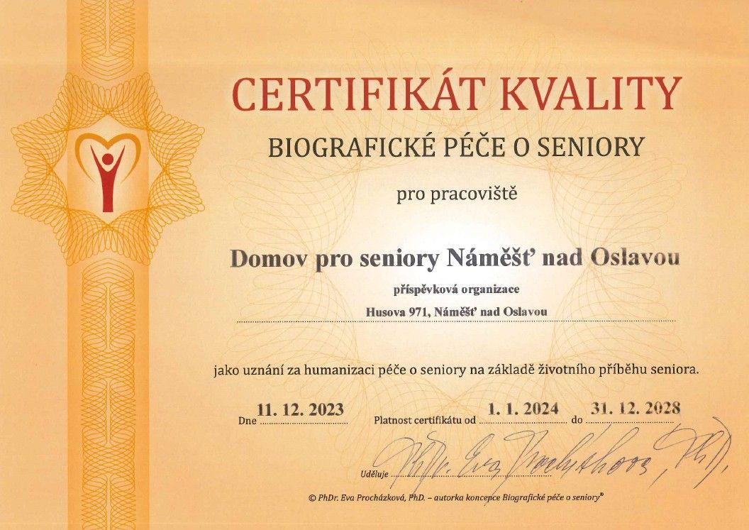 certifikát kvality biografické péče o seniory